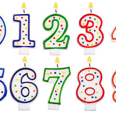 Colorful birthday number candles 0-9 with polka dot designs and yellow flame tops arranged in two rows from Mia's Bakery