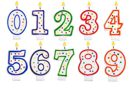 Colorful birthday number candles 0-9 with polka dot designs and yellow flame tops arranged in two rows from Mia's Bakery