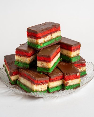 A tray of 1 lb rainbow cookies from Mia's Bakery