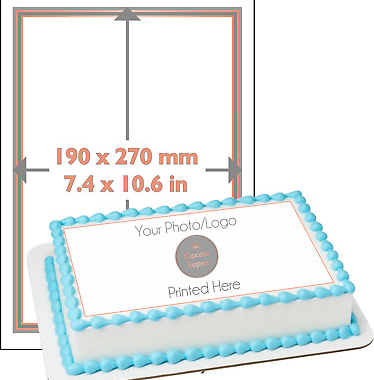 Rectangular edible image cake template showing dimensions of 190x270mm (7.4x10.6 inches) with customizable center area for personal photos or logos. This photo cake from Mia's Bakery features blue scalloped buttercream borders on white frosting, with space for custom text reading "Your Photo/Logo" and "Printed Here." Perfect for creating personalized celebration cakes with edible image printing for any occasion.