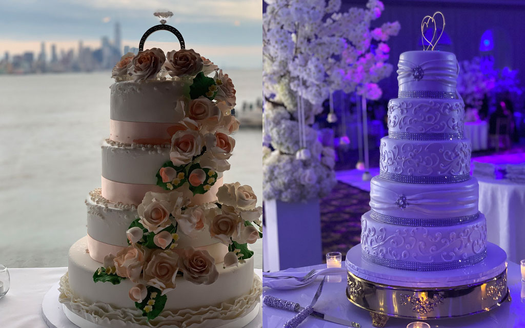 Wedding cake ideas featuring outdoor tiered cake with fresh roses and luxury ballroom cake with rhinestone details and purple lighting