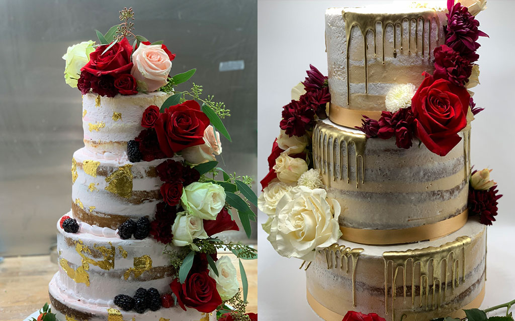 Wedding cake ideas featuring naked cakes with gold leaf accents, metallic drip details, and dramatic fresh red roses with blackberries